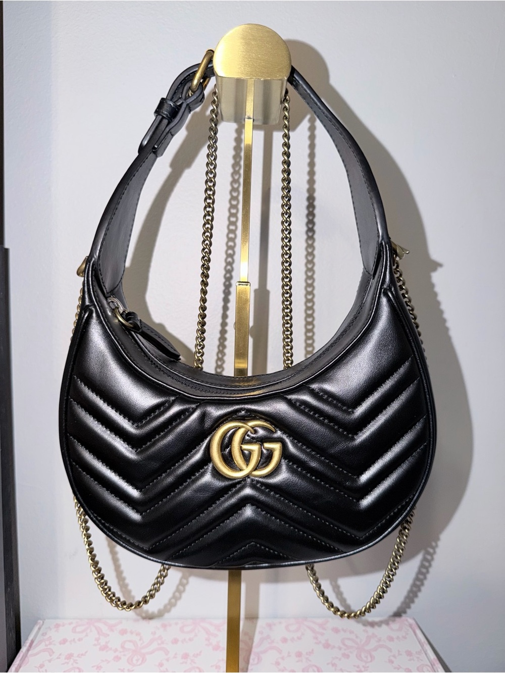 Gucci Black Quilted Leather Crescent Shoulder Bag with Gold Hardware